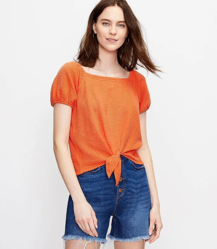LOFT Petite Seersucker Tie Front Square Neck Top Orange Spritz Women Petite Tees LOFT Petite Seersucker Tie Front Square Neck Top Orange Spritz Women Petite Tees