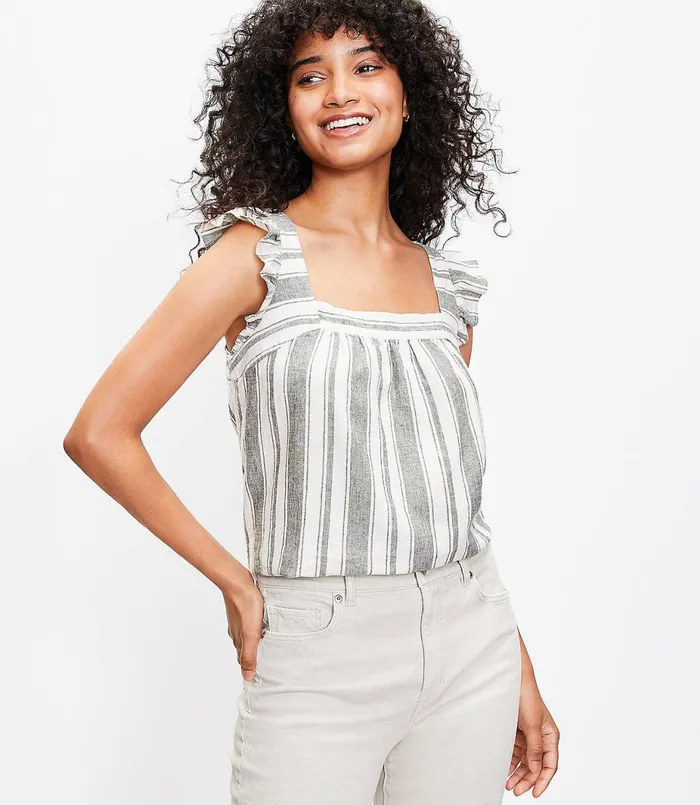 LOFT Petite Striped Ruffle Shoulder Shell Whisper White Women Petite Tops