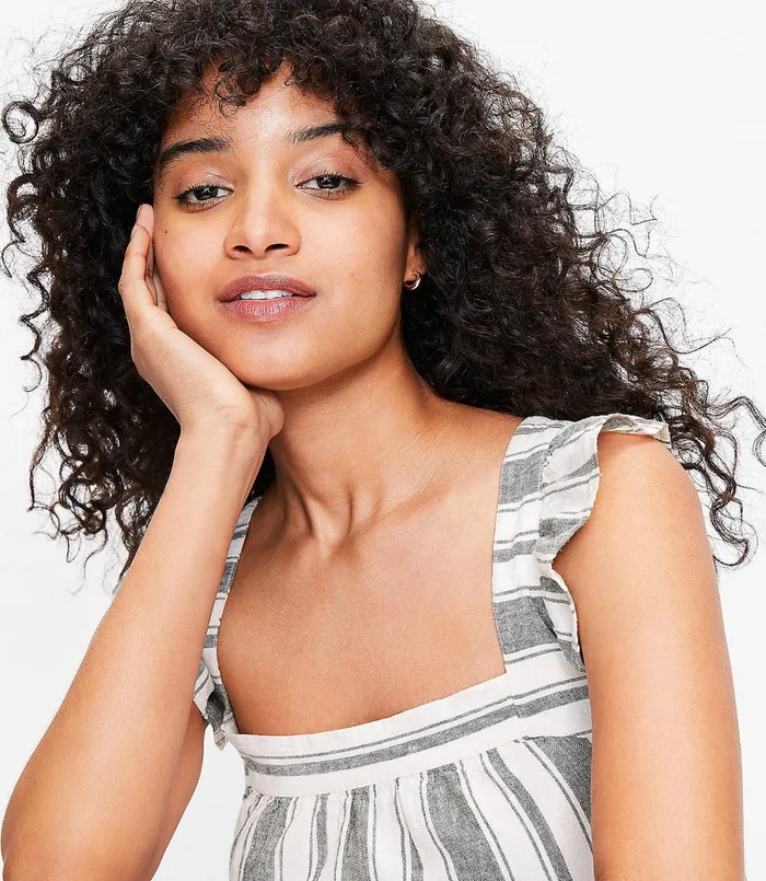 LOFT Petite Striped Ruffle Shoulder Shell Whisper White Women Petite Tops