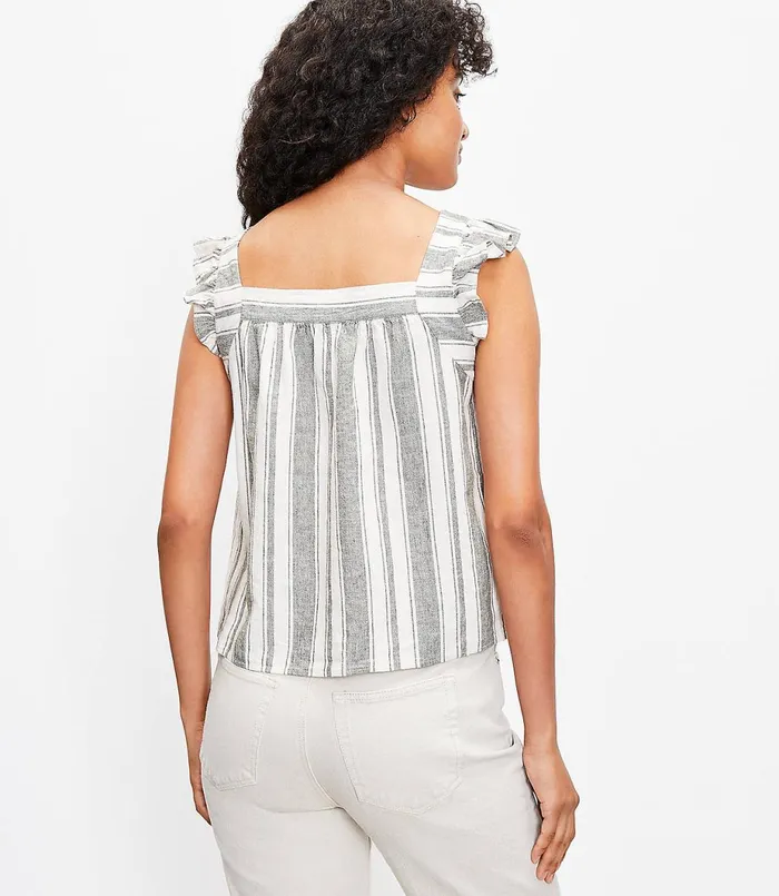 LOFT Petite Striped Ruffle Shoulder Shell Whisper White Women Petite Tops