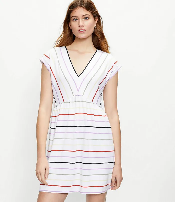 LOFT Petite Striped VNeck Swing Dress White Women Petite Dresses