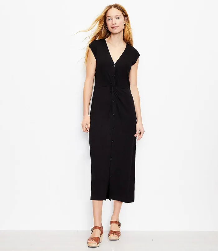 LOFT Petite Twist Button Midi Shirtdress Black Women Petite Dresses