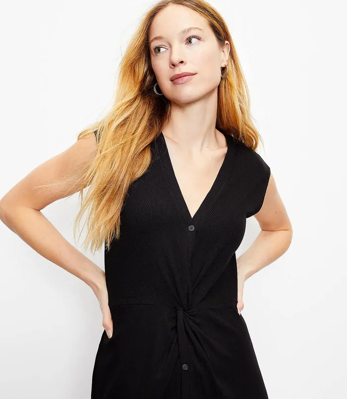LOFT Petite Twist Button Midi Shirtdress Black Women Petite Dresses