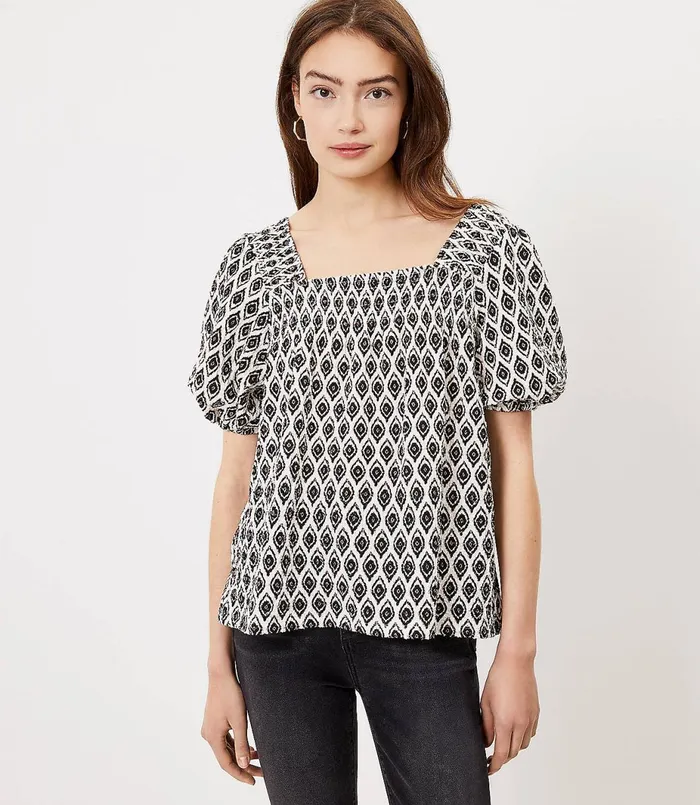 LOFT Puff Sleeve Square Neck Top Whisper White Women Tees