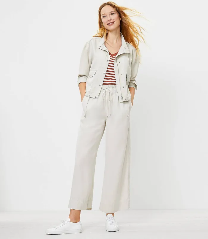 LOFT Pull On Wide Leg Crop Pants In Soft Twill Soft Porcelain Women Pants