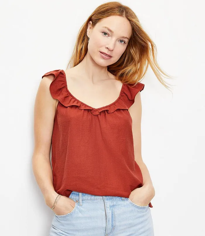LOFT Ruffle VNeck Shell Black Women Petite Tops