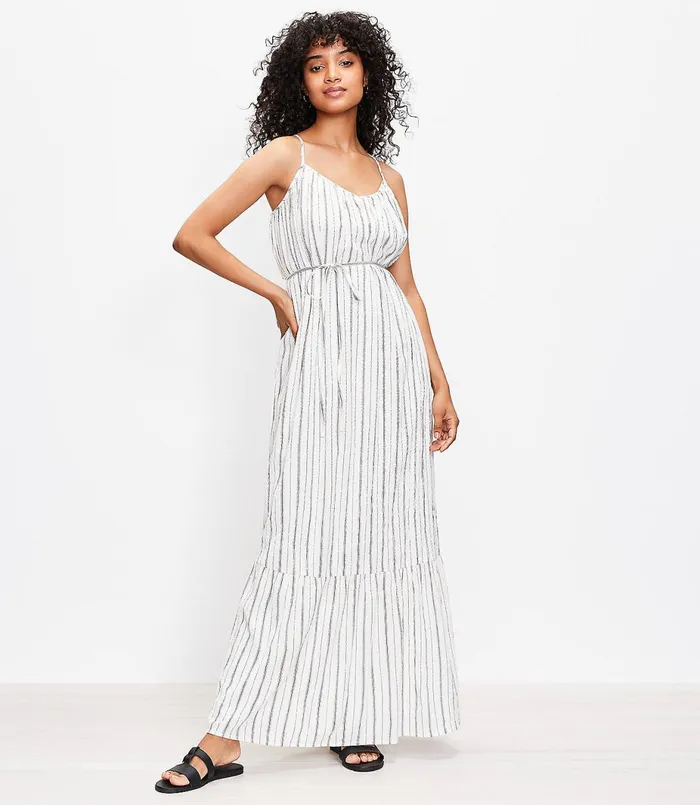 LOFT Shimmer Stripe Tie Back Maxi Dress Whisper White Women Swing Dresses