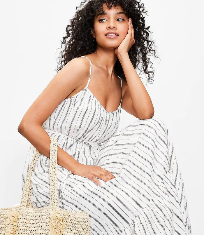 LOFT Shimmer Stripe Tie Back Maxi Dress Whisper White Women Swing Dresses