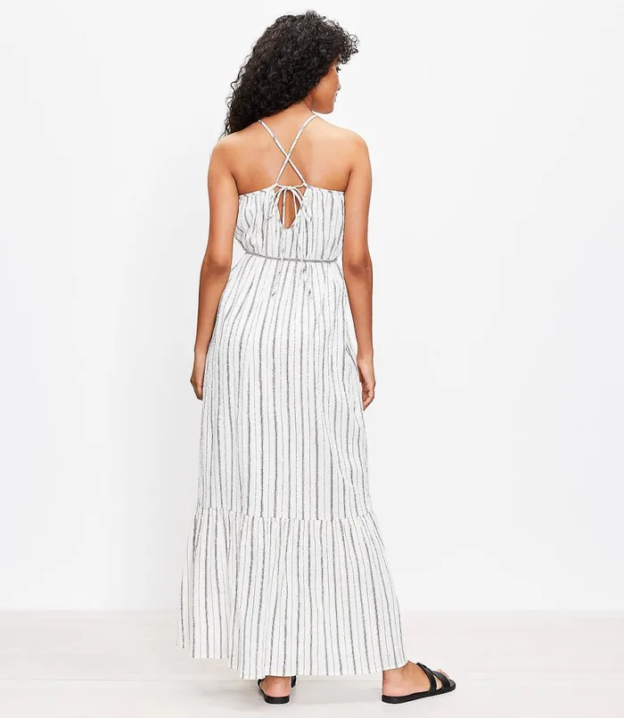 LOFT Shimmer Stripe Tie Back Maxi Dress Whisper White Women Swing Dresses