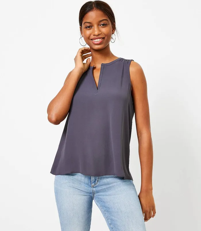 LOFT Smocked Split Neck Mixed Media Shell Coastal Grey Women Tees