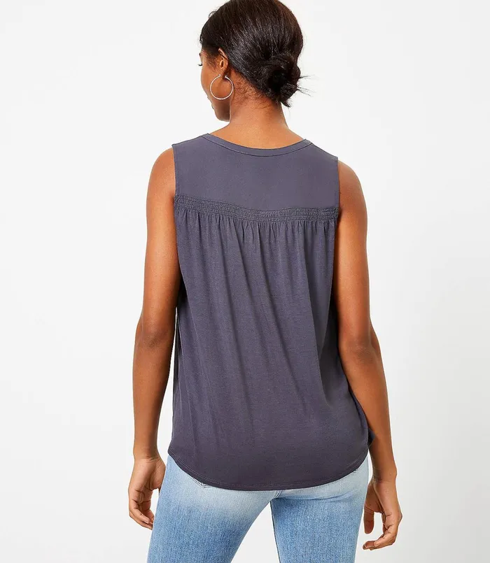 LOFT Smocked Split Neck Mixed Media Shell Coastal Grey Women Tees