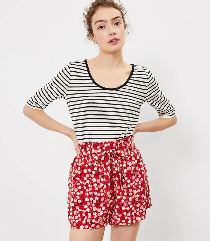 LOFT Striped Elbow Sleeve Tee Black Women Tees