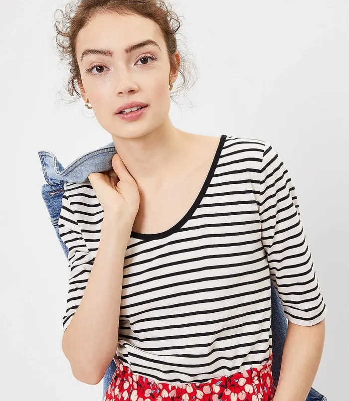 LOFT Striped Elbow Sleeve Tee Black Women Tees