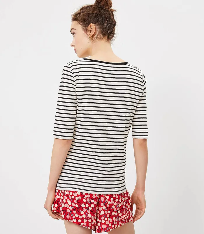 LOFT Striped Elbow Sleeve Tee Black Women Tees