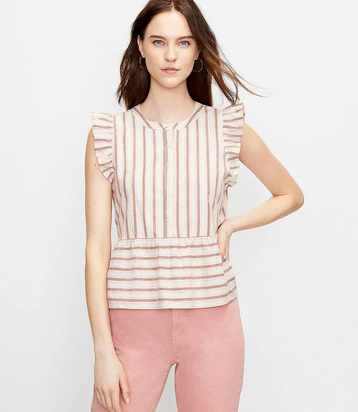 LOFT Striped Henley Peplum Shell Whisper White Women Tops