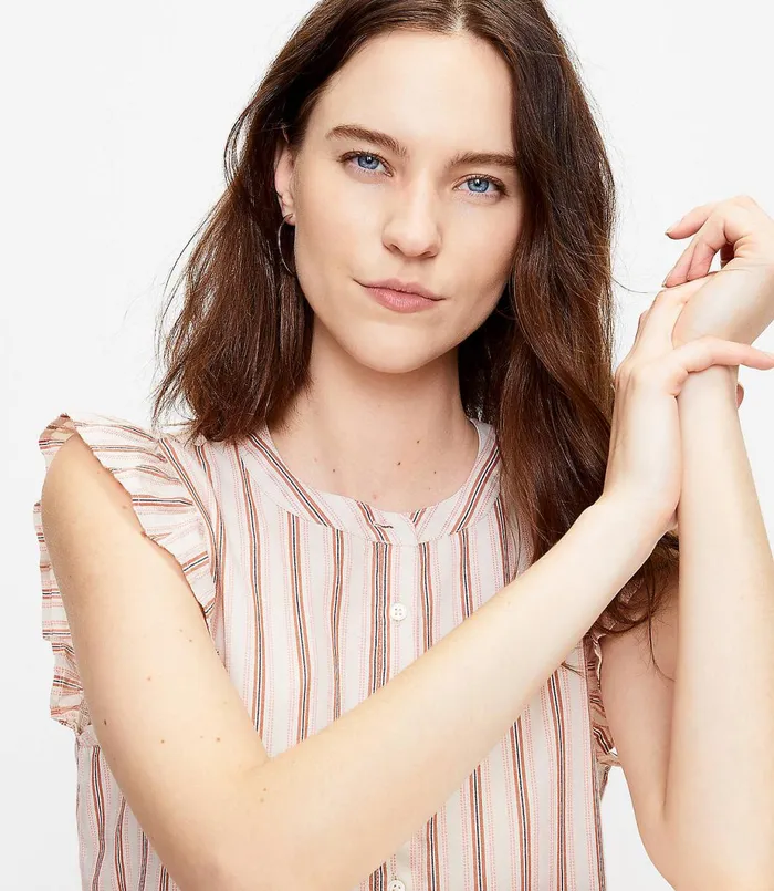 LOFT Striped Henley Peplum Shell Whisper White Women Tops