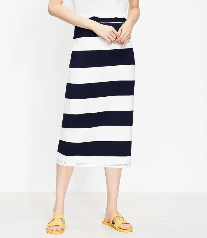 LOFT Striped Pull On Midi Skirt Forever Navy Women Skirts