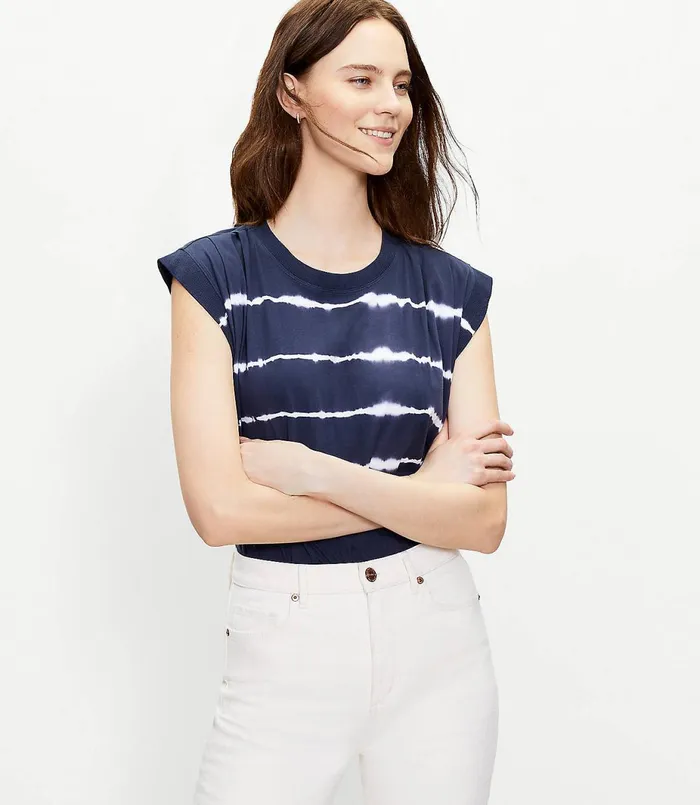 LOFT Tie Dye Pleated Muscle Tee Forever Navy Women Loungewear
