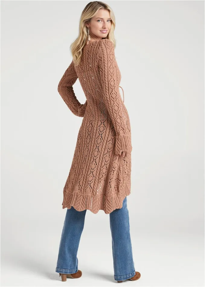 LONG CROCHET CARDIGAN Brown Women VENUS Cardigans and Dusters LONG CROCHET CARDIGAN Brown Women VENUS Cardigans and Dusters
