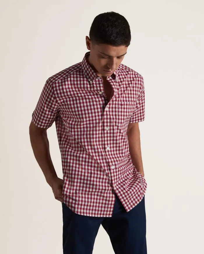 Men Ben Sherman Heritage Check Shirts Short Sleeve House Poplin Gingham Shirt 8211 Merlot