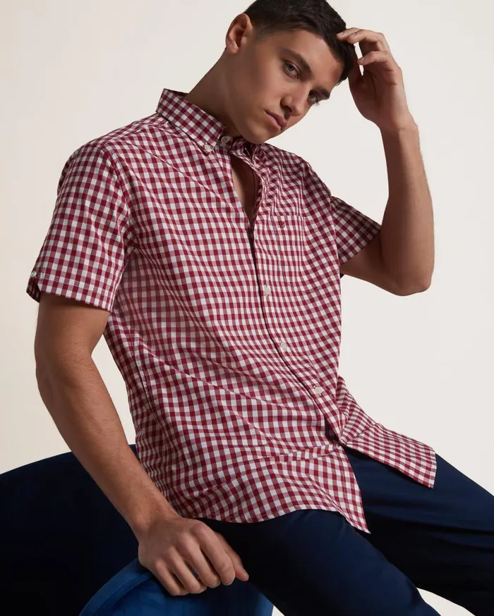 Men Ben Sherman Heritage Check Shirts Short Sleeve House Poplin Gingham Shirt 8211 Merlot