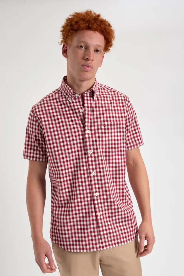Men Ben Sherman Heritage Check Shirts Short Sleeve House Poplin Gingham Shirt 8211 Merlot