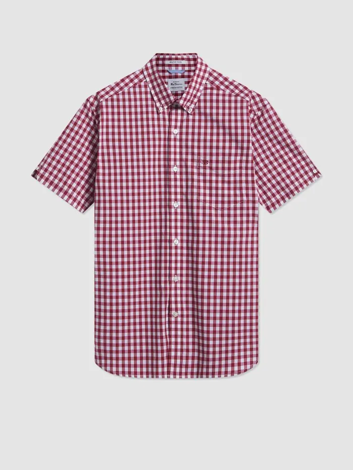 Men Ben Sherman Heritage Check Shirts Short Sleeve House Poplin Gingham Shirt 8211 Merlot