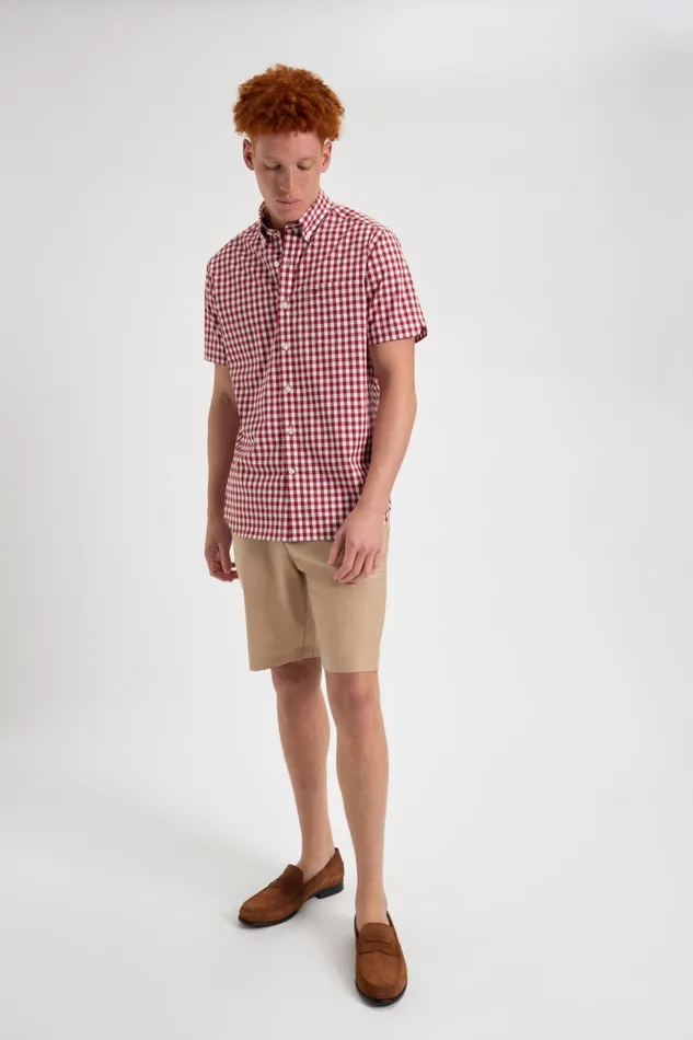 Men Ben Sherman Heritage Check Shirts Short Sleeve House Poplin Gingham Shirt 8211 Merlot