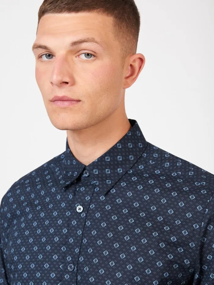 Men Ben Sherman Long Sleeve Shirts Signature Geo Print Shirt 8211 Midnight
