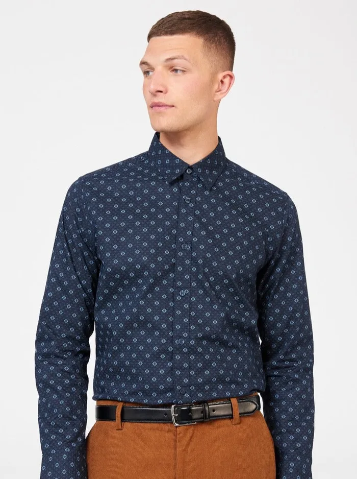 Men Ben Sherman Long Sleeve Shirts Signature Geo Print Shirt 8211 Midnight