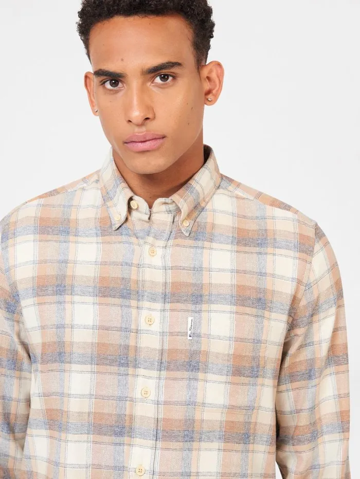 Men Ben Sherman Long Sleeve Shirts Twisted Yarn Check Shirt 8211 Sand