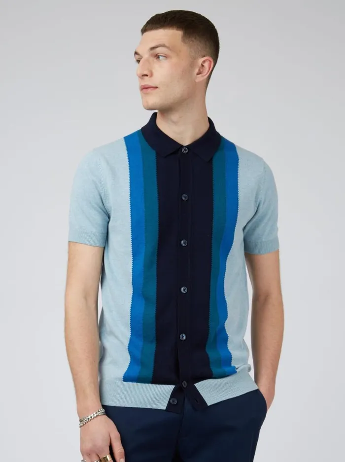Men Ben Sherman Mod Knit Polos ButtonThrough Mod Knit Stripe Polo 8211 Sky