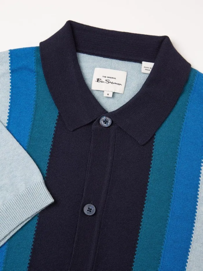 Men Ben Sherman Mod Knit Polos ButtonThrough Mod Knit Stripe Polo 8211 Sky
