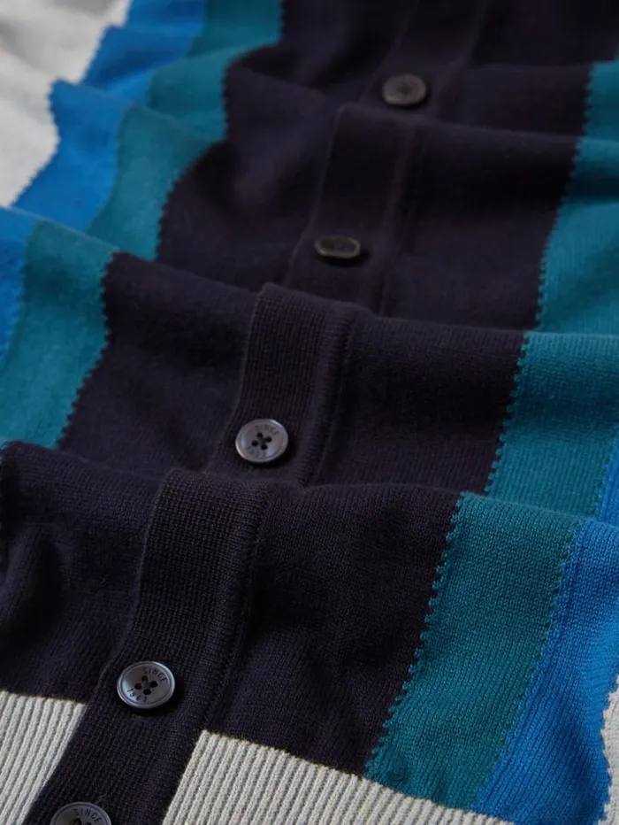 Men Ben Sherman Mod Knit Polos ButtonThrough Mod Knit Stripe Polo 8211 Sky