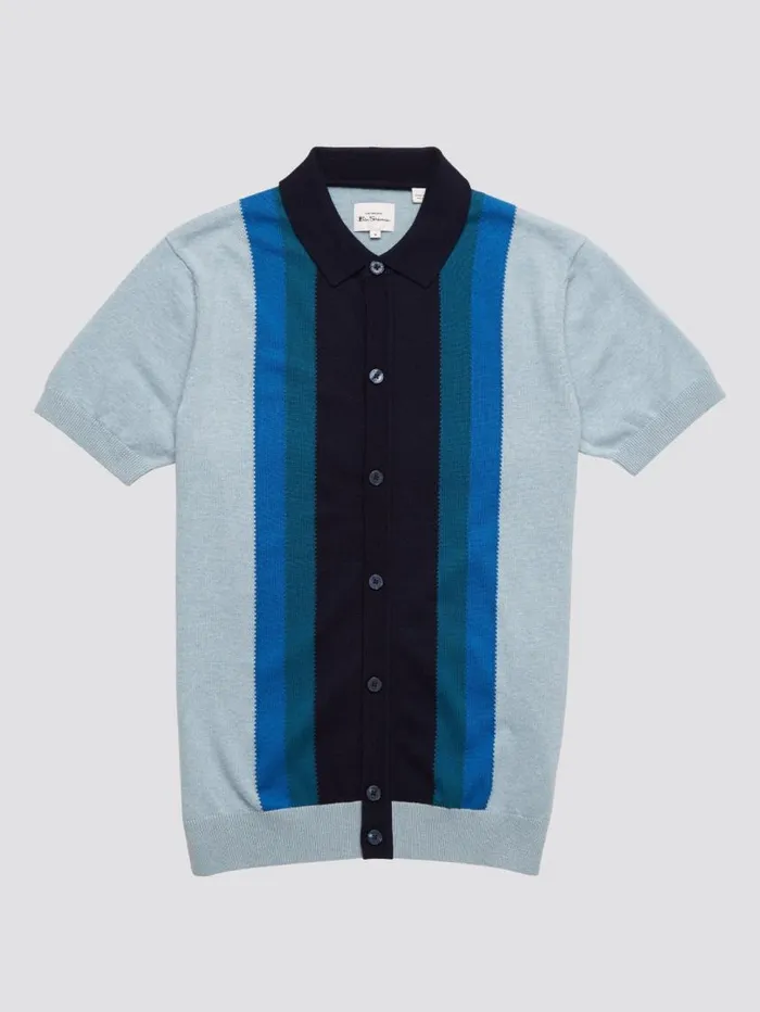Men Ben Sherman Mod Knit Polos ButtonThrough Mod Knit Stripe Polo 8211 Sky