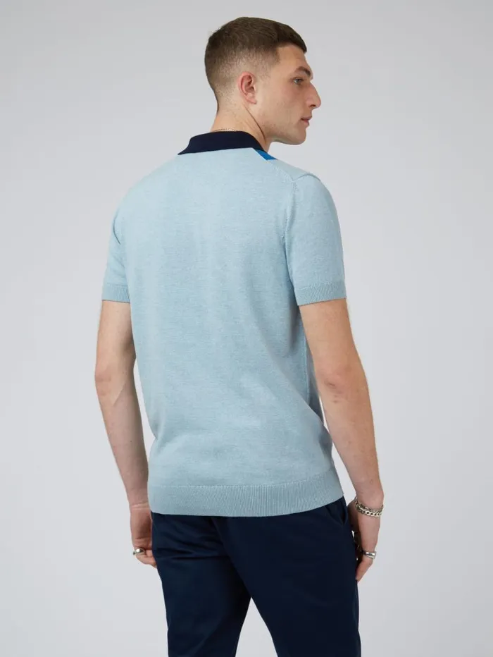 Men Ben Sherman Mod Knit Polos ButtonThrough Mod Knit Stripe Polo 8211 Sky
