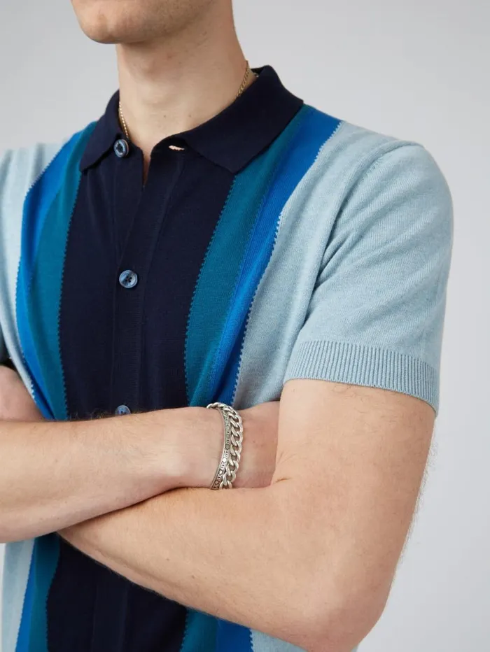 Men Ben Sherman Mod Knit Polos ButtonThrough Mod Knit Stripe Polo 8211 Sky