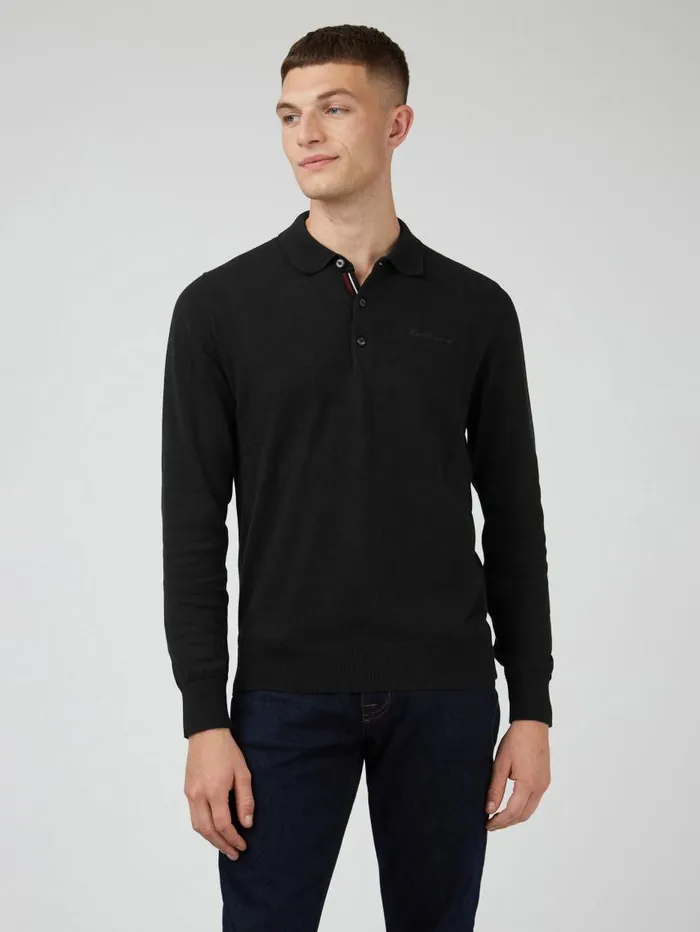 Men Ben Sherman Mod Knit Polos Signature LongSleeve Knit Polo 8211 Black