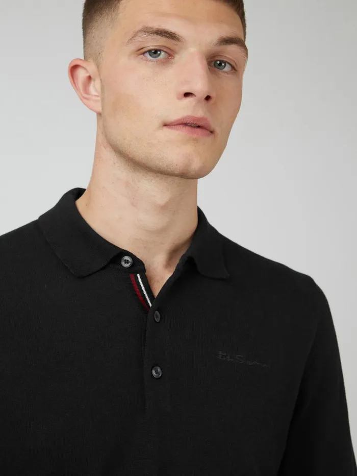 Men Ben Sherman Mod Knit Polos Signature LongSleeve Knit Polo 8211 Black