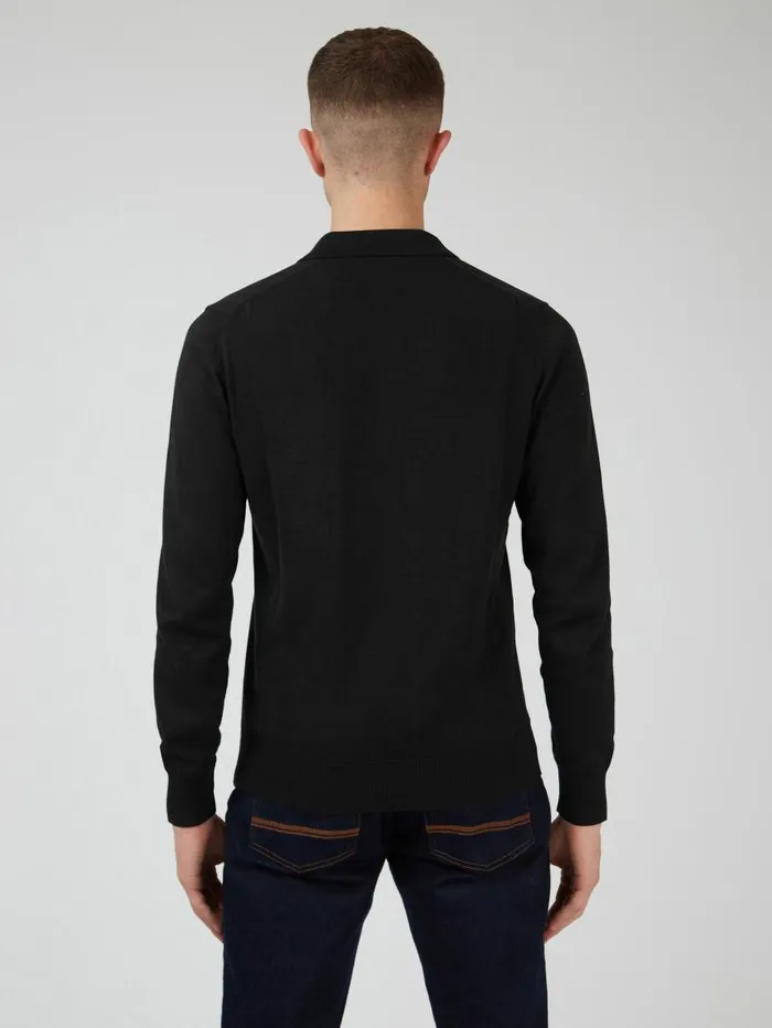 Men Ben Sherman Mod Knit Polos Signature LongSleeve Knit Polo 8211 Black
