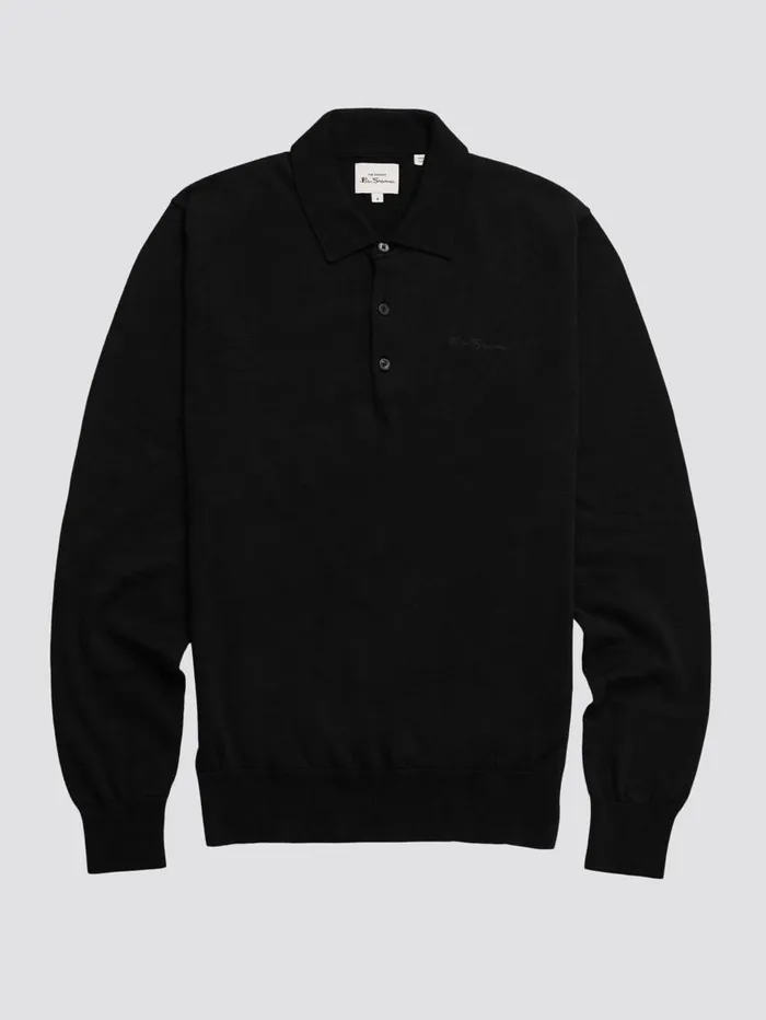 Men Ben Sherman Mod Knit Polos Signature LongSleeve Knit Polo 8211 Black