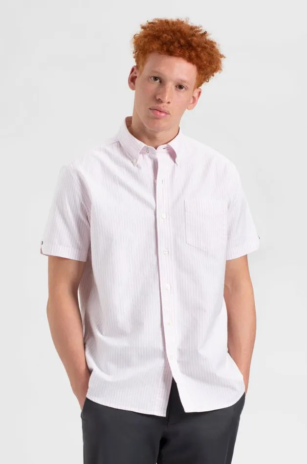 Men Ben Sherman Oxford Shirts Short Sleeve Brighton Oxford Organic Shirt 8211 Pink Bengal Stripe