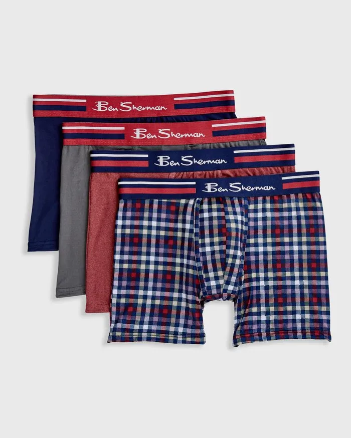 Men Ben Sherman Underwear 4Pack Microfiber Boxer Briefs 8211 PlaidRedGreyNavy