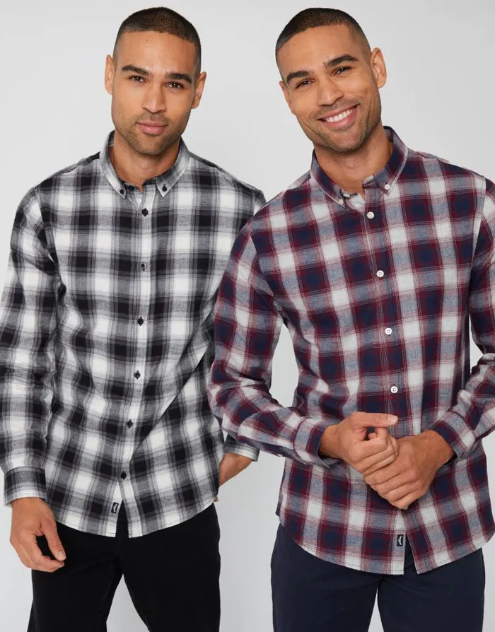 Men Black and Burgundy Flannel Check Long Sleeve Shirts 2 Pack Threadbare Shirts