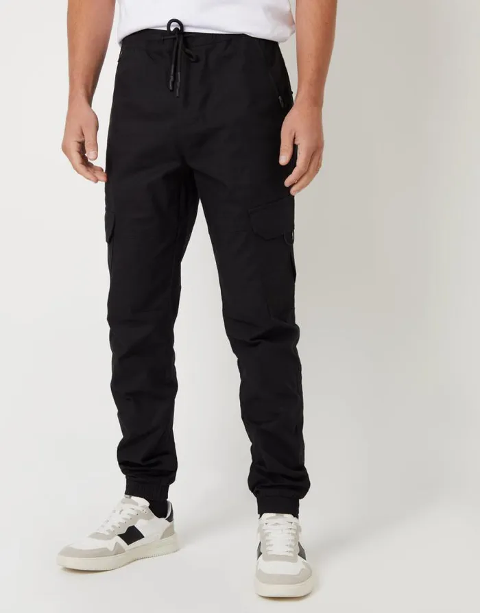 Men Black Drawcord Cargo Trousers Threadbare Cargo