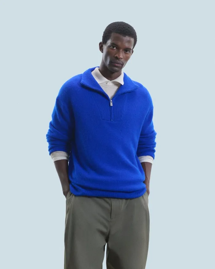 Men Cashmere Sweaters From Future Oversized Quarter Zip Neck Sweater Popblue