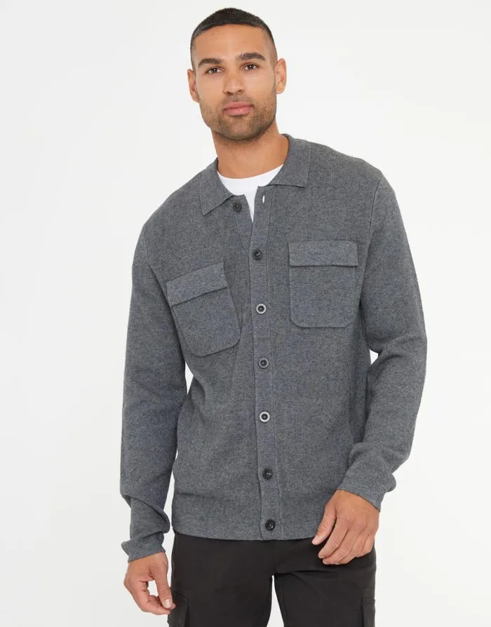 Men Charcoal Marl Knitted Long Sleeve Shirt Threadbare Shirts