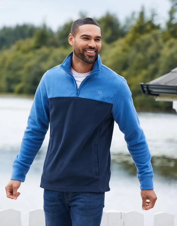 Men Cobalt and Navy Colourblock Quarter Zip Fleece Threadbare Quarter Zips