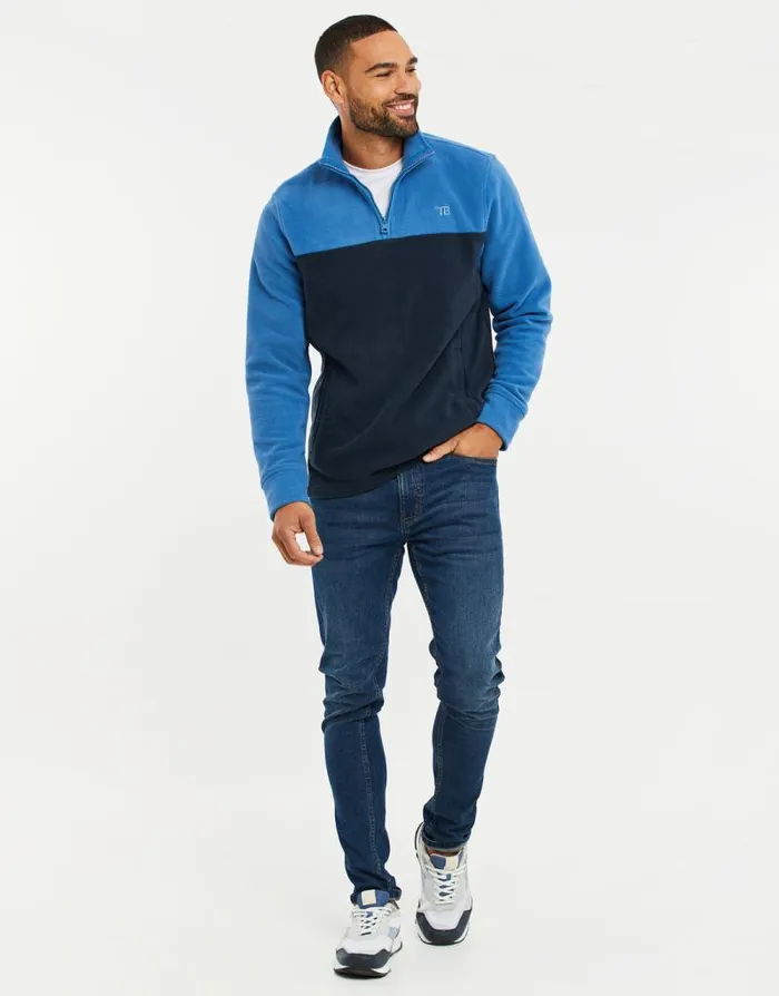 Men Cobalt and Navy Colourblock Quarter Zip Fleece Threadbare Quarter Zips Men Cobalt and Navy Colourblock Quarter Zip Fleece Threadbare Quarter Zips