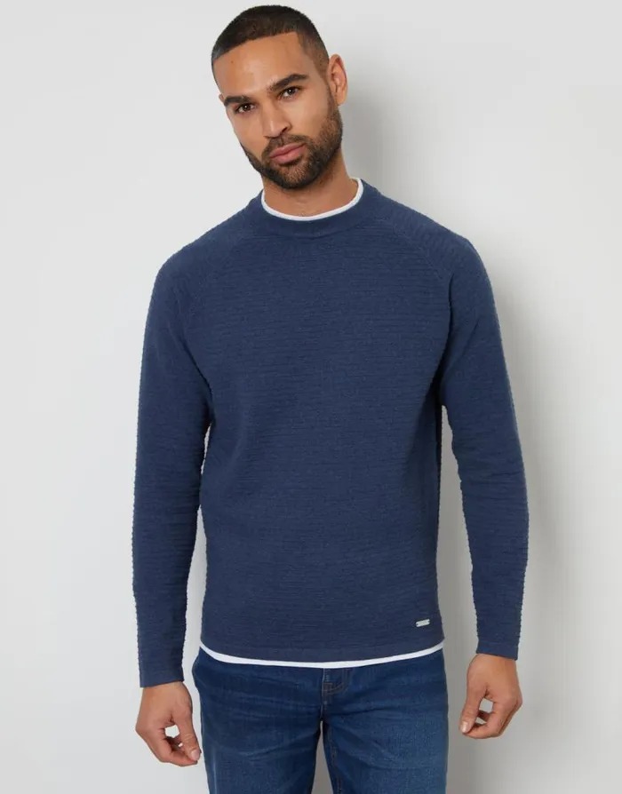 Men Denim Blue Textured Raglan Mock TShirt Crew Neck Jumper Threadbare Jumpers
